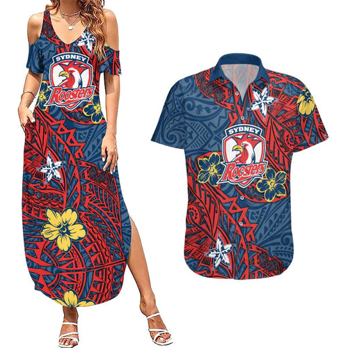 Personalised Sydney Roosters Couples Matching Summer Maxi Dress and Hawaiian Shirt Polynesian Tribal Pattern With Rugby Rooster Mascot Art