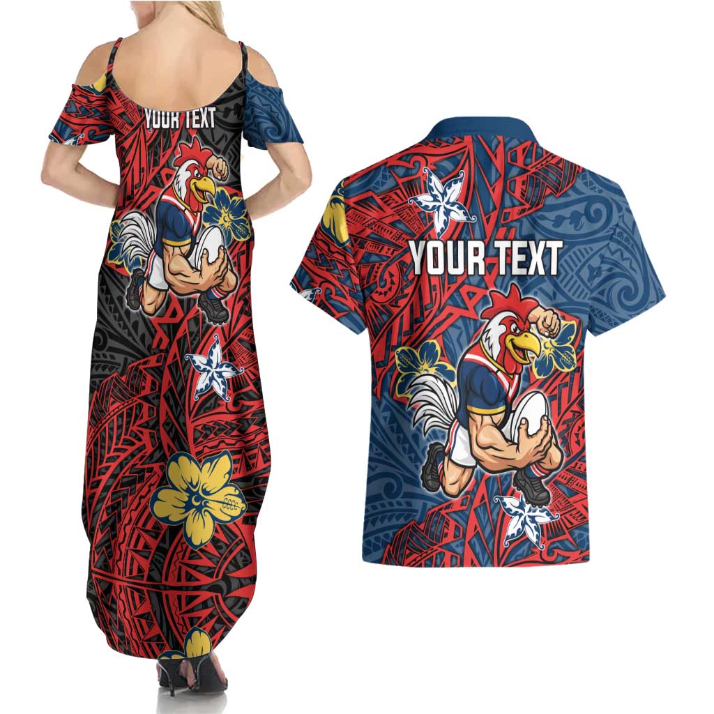 Personalised Sydney Roosters Couples Matching Summer Maxi Dress and Hawaiian Shirt Polynesian Tribal Pattern With Rugby Rooster Mascot Art