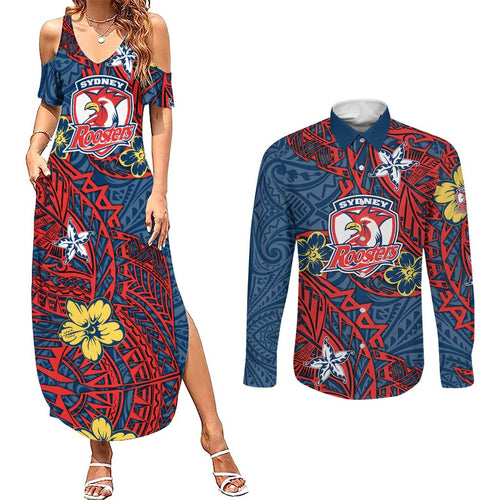 Personalised Sydney Roosters Couples Matching Summer Maxi Dress and Long Sleeve Button Shirt Polynesian Tribal Pattern With Rugby Rooster Mascot Art