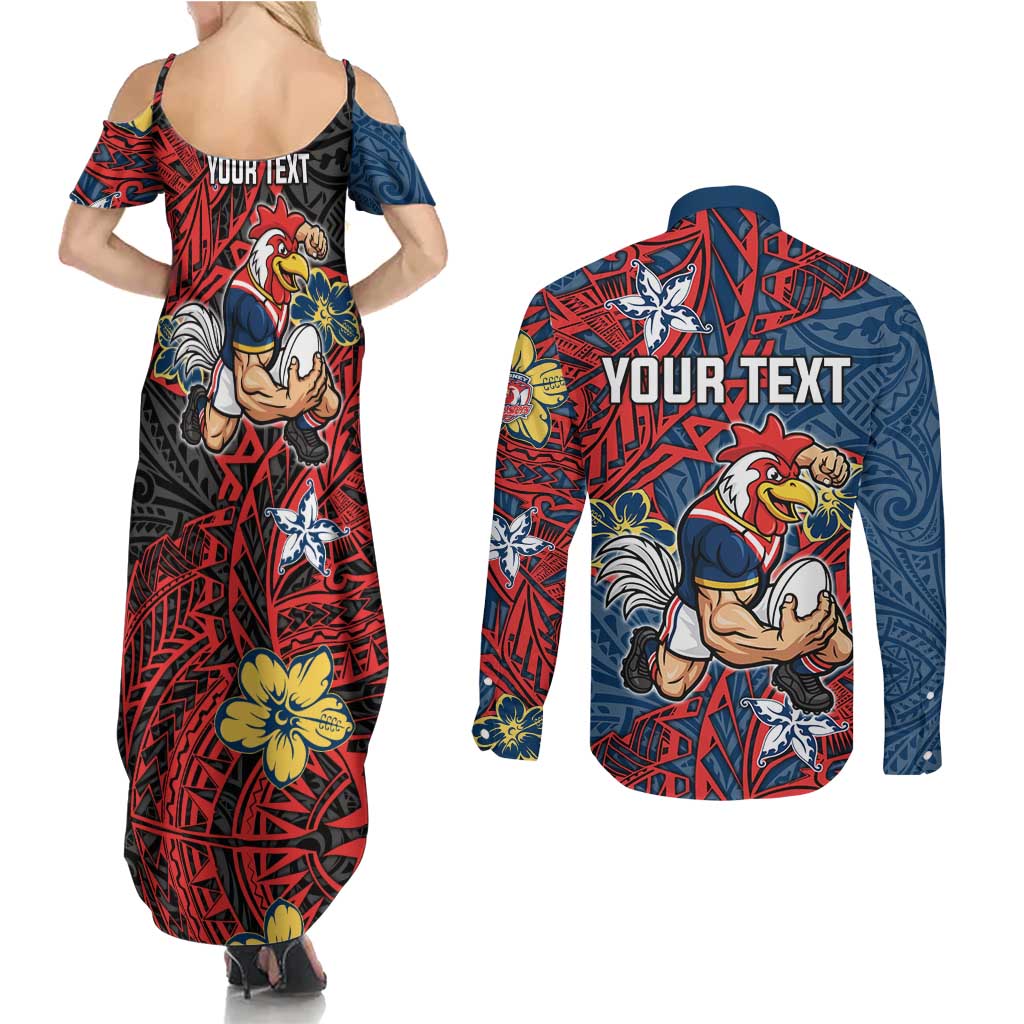 Personalised Sydney Roosters Couples Matching Summer Maxi Dress and Long Sleeve Button Shirt Polynesian Tribal Pattern With Rugby Rooster Mascot Art