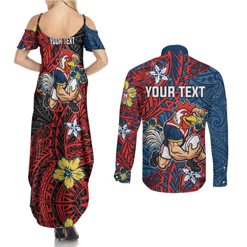 Personalised Sydney Roosters Couples Matching Summer Maxi Dress and Long Sleeve Button Shirt Polynesian Tribal Pattern With Rugby Rooster Mascot Art