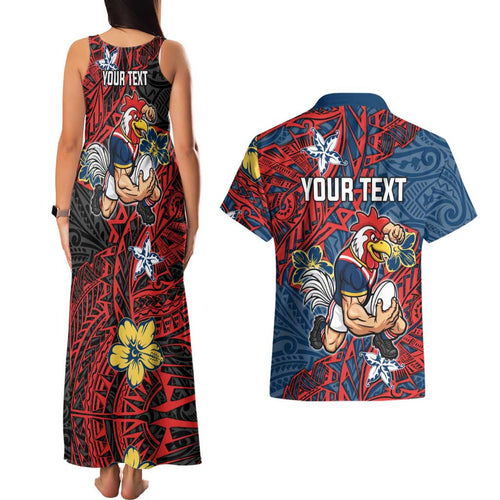 Personalised Sydney Roosters Couples Matching Tank Maxi Dress and Hawaiian Shirt Polynesian Tribal Pattern With Rugby Rooster Mascot Art