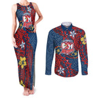 Personalised Sydney Roosters Couples Matching Tank Maxi Dress and Long Sleeve Button Shirt Polynesian Tribal Pattern With Rugby Rooster Mascot Art
