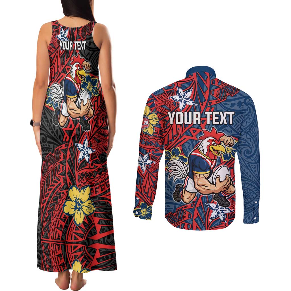 Personalised Sydney Roosters Couples Matching Tank Maxi Dress and Long Sleeve Button Shirt Polynesian Tribal Pattern With Rugby Rooster Mascot Art