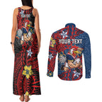 Personalised Sydney Roosters Couples Matching Tank Maxi Dress and Long Sleeve Button Shirt Polynesian Tribal Pattern With Rugby Rooster Mascot Art