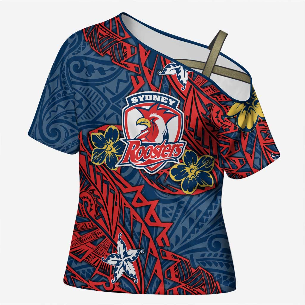 Personalised Sydney Roosters Cross Shoulder Shirt Polynesian Tribal Pattern With Rugby Rooster Mascot Art