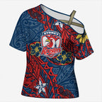 Personalised Sydney Roosters Cross Shoulder Shirt Polynesian Tribal Pattern With Rugby Rooster Mascot Art