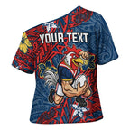 Personalised Sydney Roosters Cross Shoulder Shirt Polynesian Tribal Pattern With Rugby Rooster Mascot Art