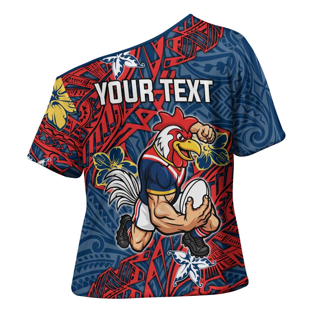 Personalised Sydney Roosters Cross Shoulder Shirt Polynesian Tribal Pattern With Rugby Rooster Mascot Art