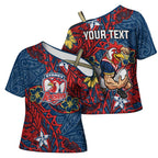 Personalised Sydney Roosters Cross Shoulder Shirt Polynesian Tribal Pattern With Rugby Rooster Mascot Art