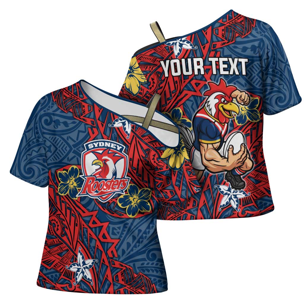Personalised Sydney Roosters Cross Shoulder Shirt Polynesian Tribal Pattern With Rugby Rooster Mascot Art