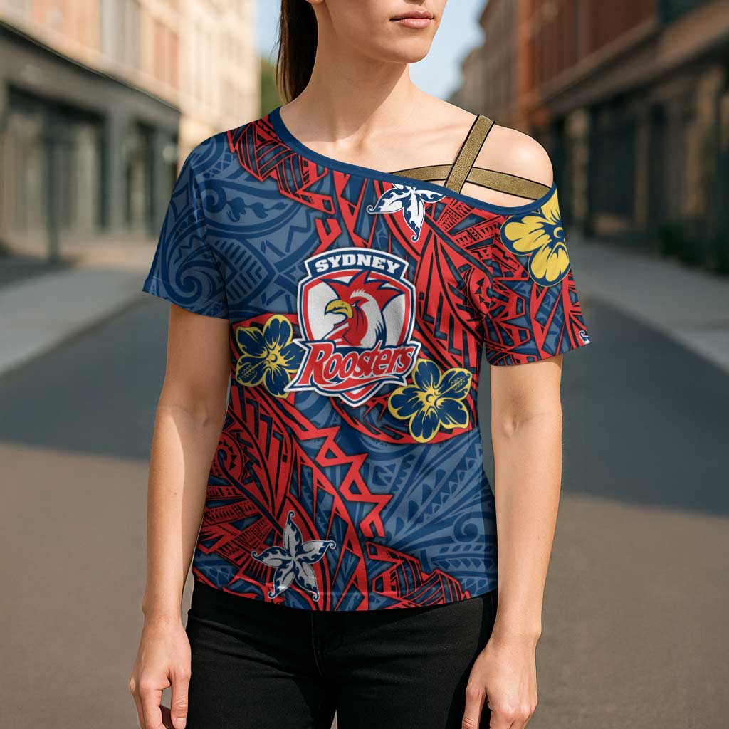 Personalised Sydney Roosters Cross Shoulder Shirt Polynesian Tribal Pattern With Rugby Rooster Mascot Art