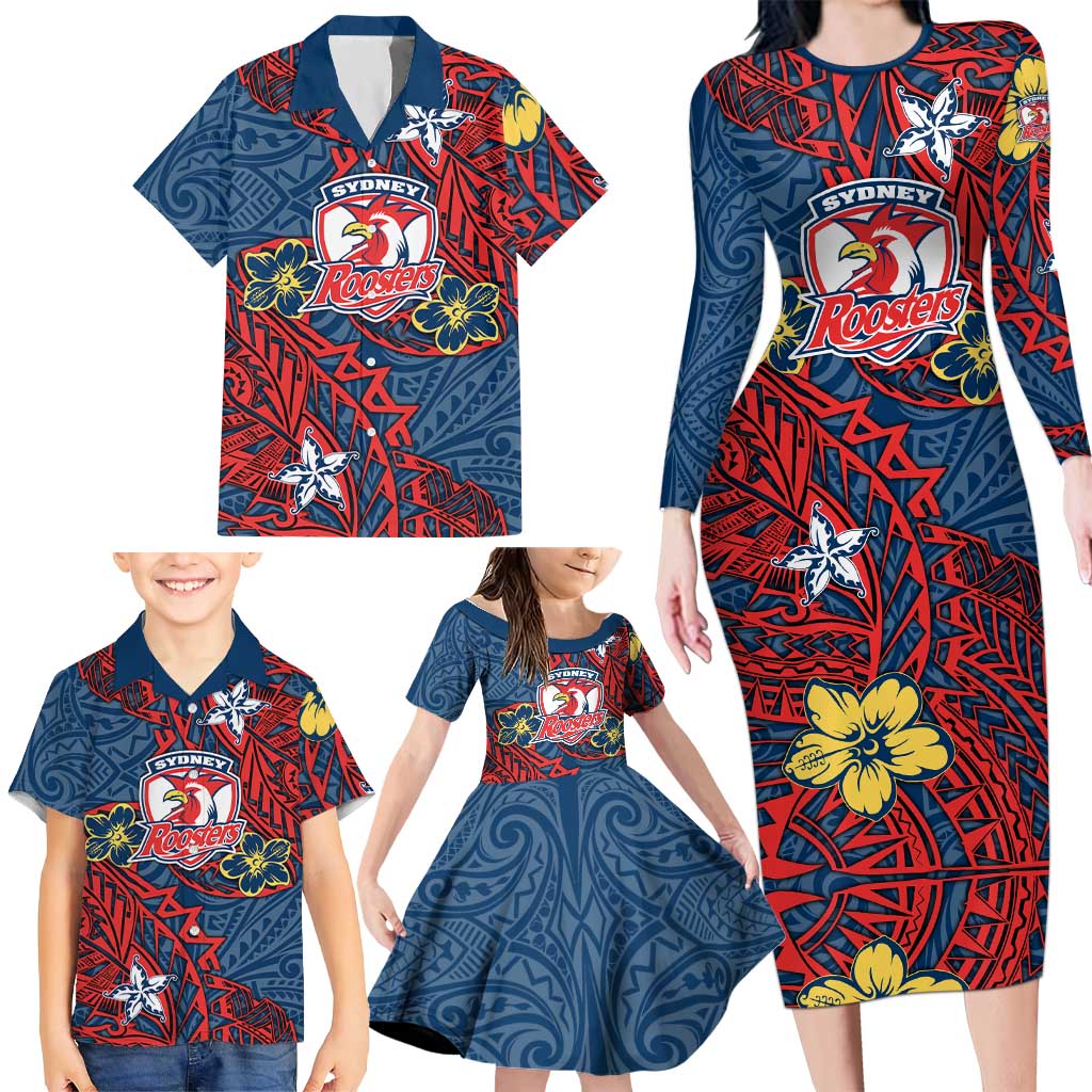 Personalised Sydney Roosters Family Matching Long Sleeve Bodycon Dress and Hawaiian Shirt Polynesian Tribal Pattern With Rugby Rooster Mascot Art