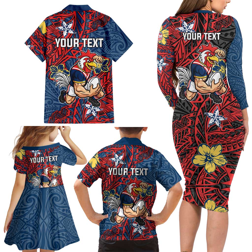 Personalised Sydney Roosters Family Matching Long Sleeve Bodycon Dress and Hawaiian Shirt Polynesian Tribal Pattern With Rugby Rooster Mascot Art
