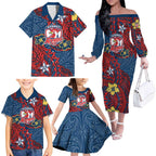 Personalised Sydney Roosters Family Matching Off The Shoulder Long Sleeve Dress and Hawaiian Shirt Polynesian Tribal Pattern With Rugby Rooster Mascot Art