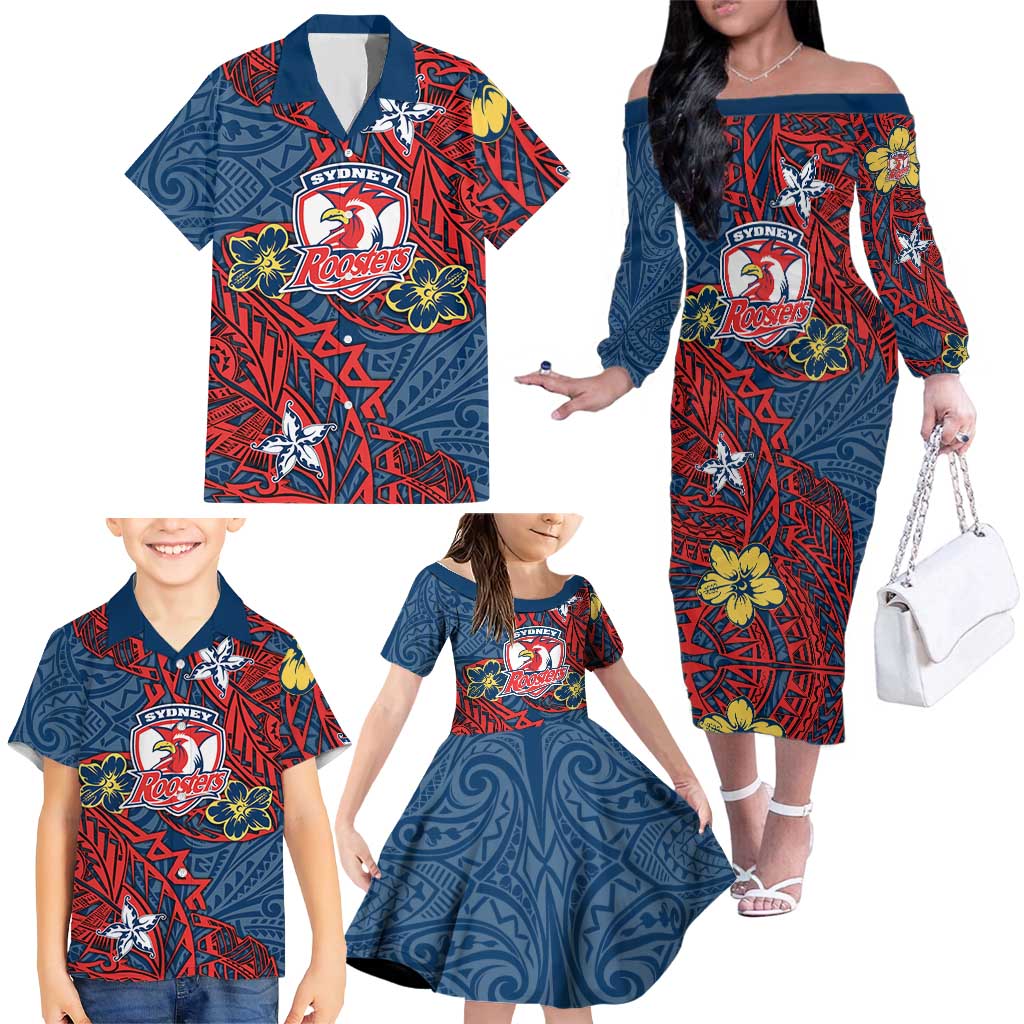 Personalised Sydney Roosters Family Matching Off The Shoulder Long Sleeve Dress and Hawaiian Shirt Polynesian Tribal Pattern With Rugby Rooster Mascot Art