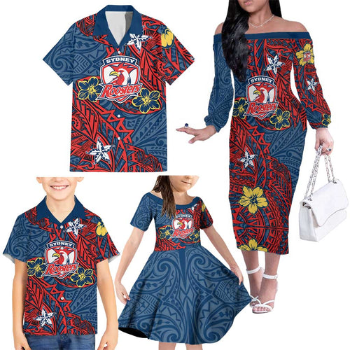 Personalised Sydney Roosters Family Matching Off The Shoulder Long Sleeve Dress and Hawaiian Shirt Polynesian Tribal Pattern With Rugby Rooster Mascot Art