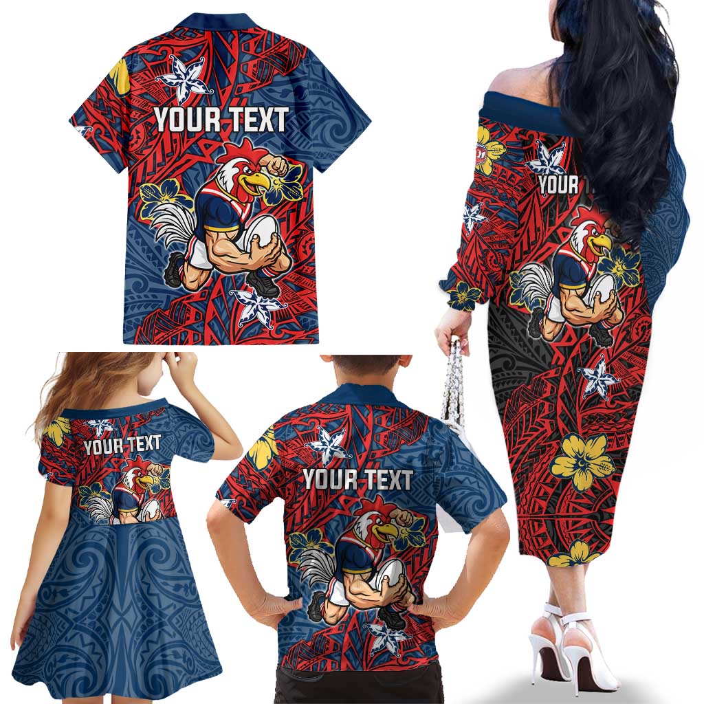 Personalised Sydney Roosters Family Matching Off The Shoulder Long Sleeve Dress and Hawaiian Shirt Polynesian Tribal Pattern With Rugby Rooster Mascot Art