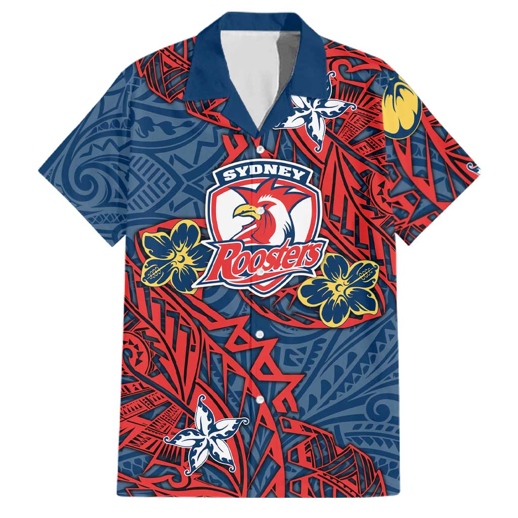 Personalised Sydney Roosters Family Matching Off The Shoulder Long Sleeve Dress and Hawaiian Shirt Polynesian Tribal Pattern With Rugby Rooster Mascot Art