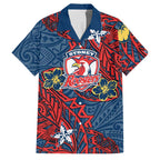 Personalised Sydney Roosters Family Matching Off The Shoulder Long Sleeve Dress and Hawaiian Shirt Polynesian Tribal Pattern With Rugby Rooster Mascot Art