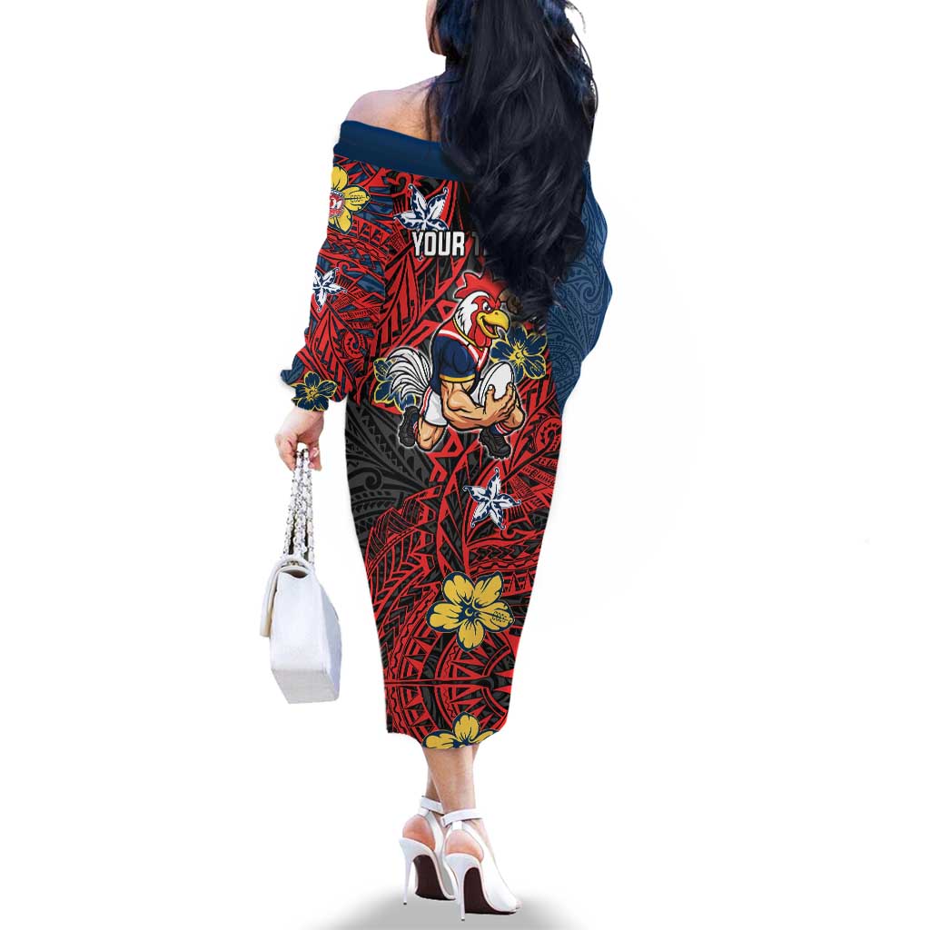 Personalised Sydney Roosters Family Matching Off The Shoulder Long Sleeve Dress and Hawaiian Shirt Polynesian Tribal Pattern With Rugby Rooster Mascot Art