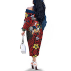 Personalised Sydney Roosters Family Matching Off The Shoulder Long Sleeve Dress and Hawaiian Shirt Polynesian Tribal Pattern With Rugby Rooster Mascot Art