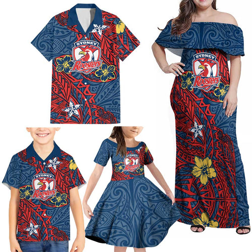 Personalised Sydney Roosters Family Matching Off Shoulder Maxi Dress and Hawaiian Shirt Polynesian Tribal Pattern With Rugby Rooster Mascot Art