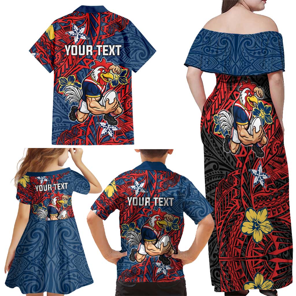 Personalised Sydney Roosters Family Matching Off Shoulder Maxi Dress and Hawaiian Shirt Polynesian Tribal Pattern With Rugby Rooster Mascot Art