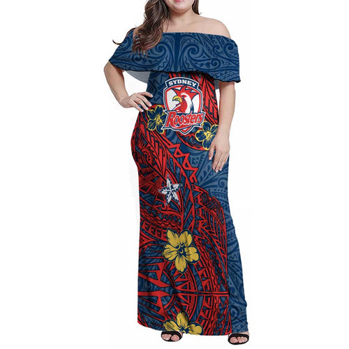 Personalised Sydney Roosters Family Matching Off Shoulder Maxi Dress and Hawaiian Shirt Polynesian Tribal Pattern With Rugby Rooster Mascot Art