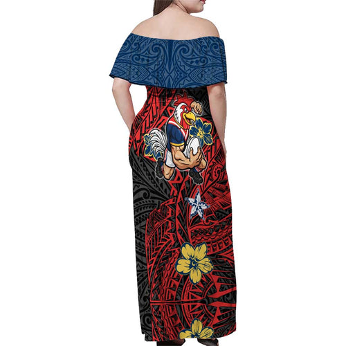 Personalised Sydney Roosters Family Matching Off Shoulder Maxi Dress and Hawaiian Shirt Polynesian Tribal Pattern With Rugby Rooster Mascot Art