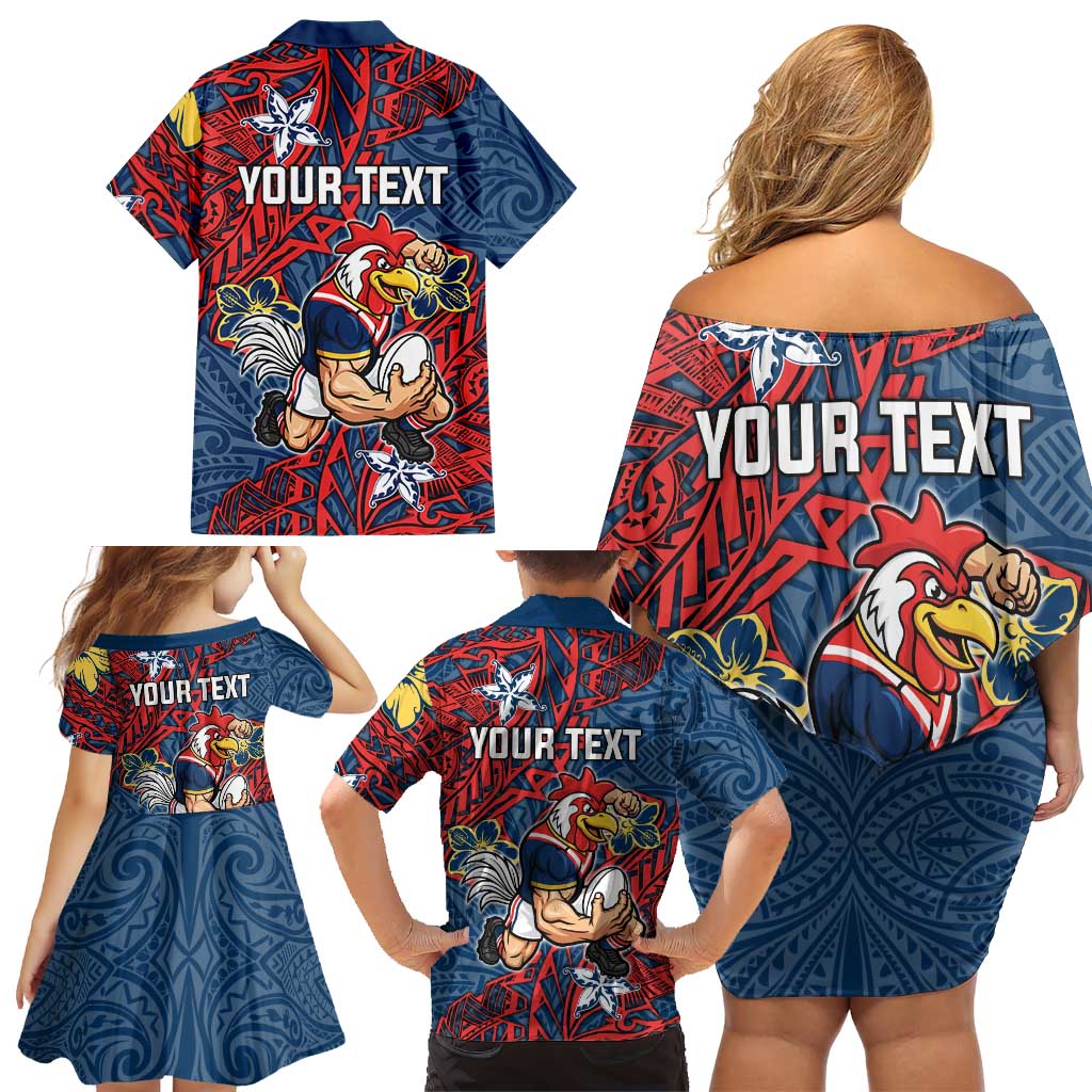 Personalised Sydney Roosters Family Matching Off Shoulder Short Dress and Hawaiian Shirt Polynesian Tribal Pattern With Rugby Rooster Mascot Art