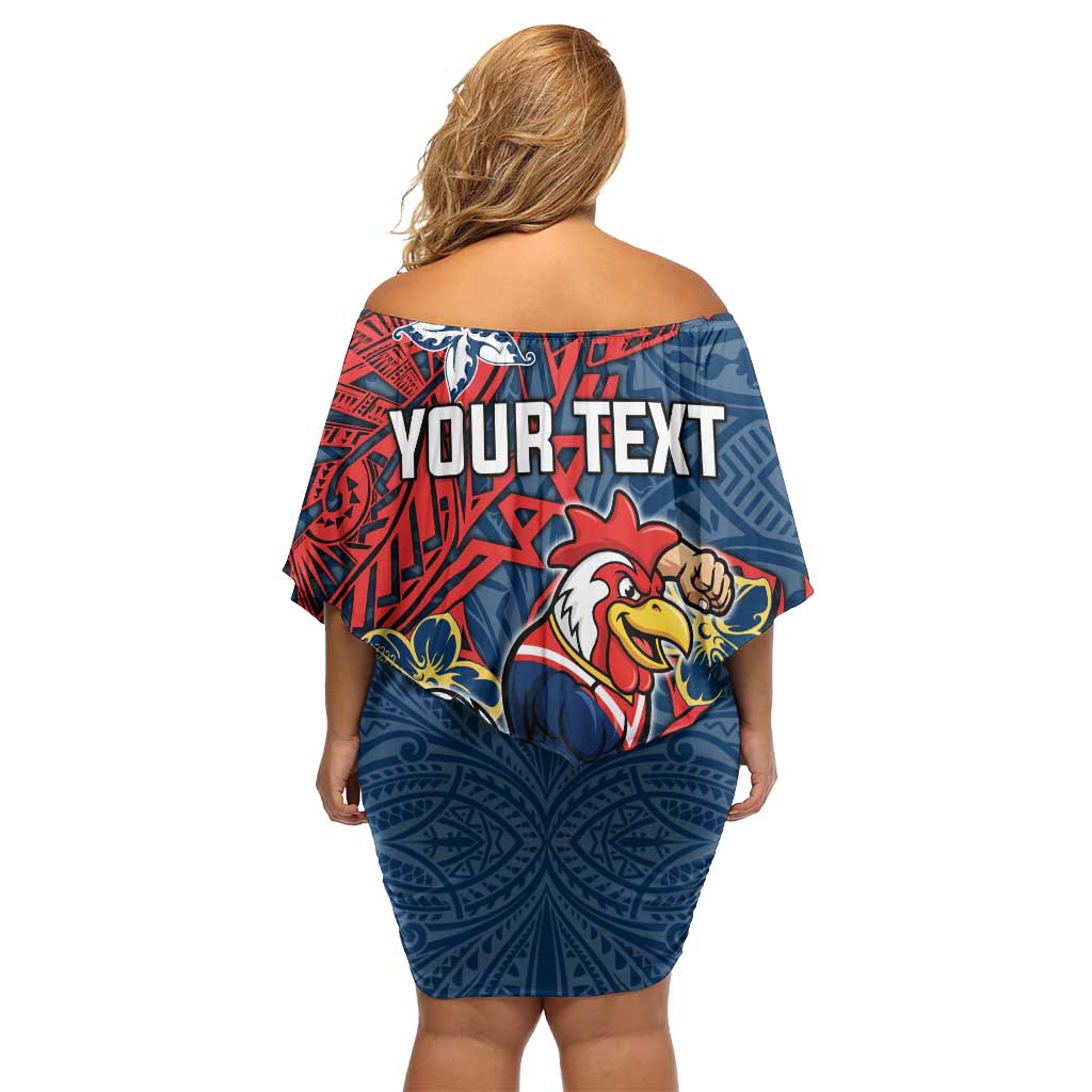 Personalised Sydney Roosters Family Matching Off Shoulder Short Dress and Hawaiian Shirt Polynesian Tribal Pattern With Rugby Rooster Mascot Art