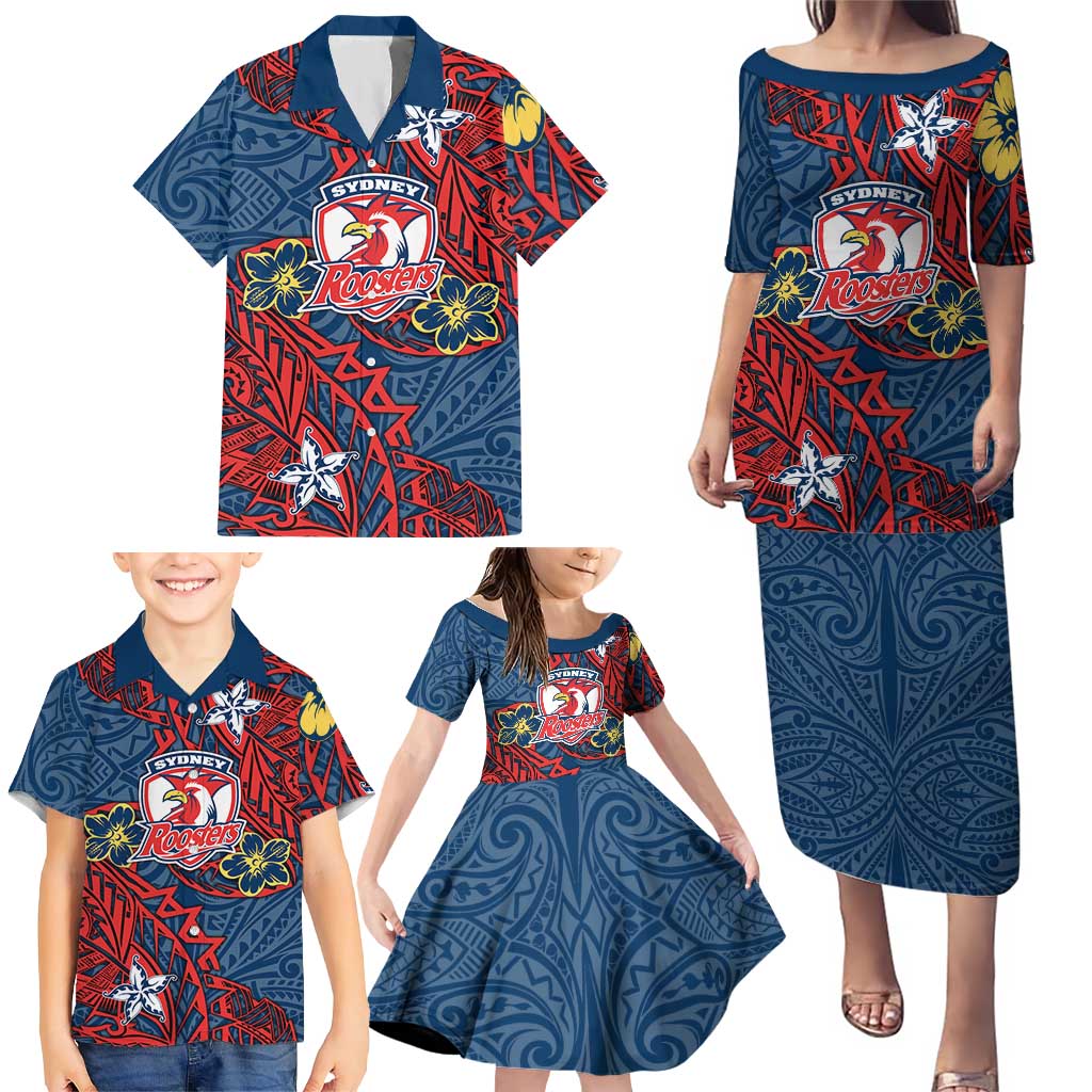 Personalised Sydney Roosters Family Matching Puletasi and Hawaiian Shirt Polynesian Tribal Pattern With Rugby Rooster Mascot Art