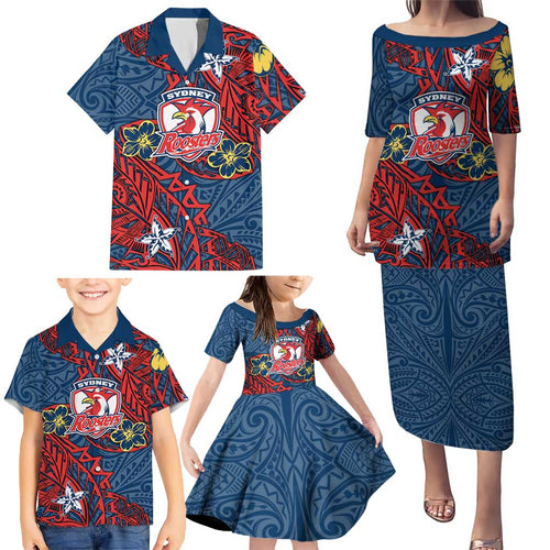 Personalised Sydney Roosters Family Matching Puletasi and Hawaiian Shirt Polynesian Tribal Pattern With Rugby Rooster Mascot Art