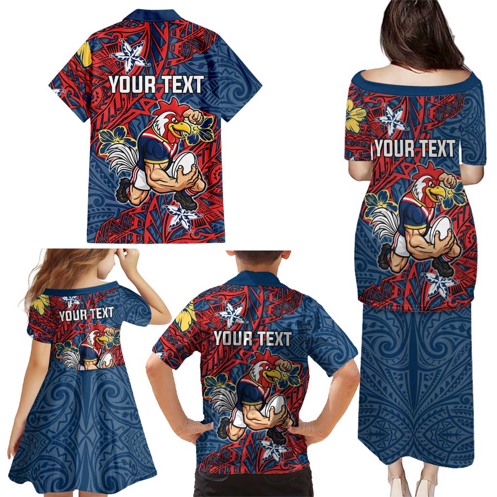 Personalised Sydney Roosters Family Matching Puletasi and Hawaiian Shirt Polynesian Tribal Pattern With Rugby Rooster Mascot Art