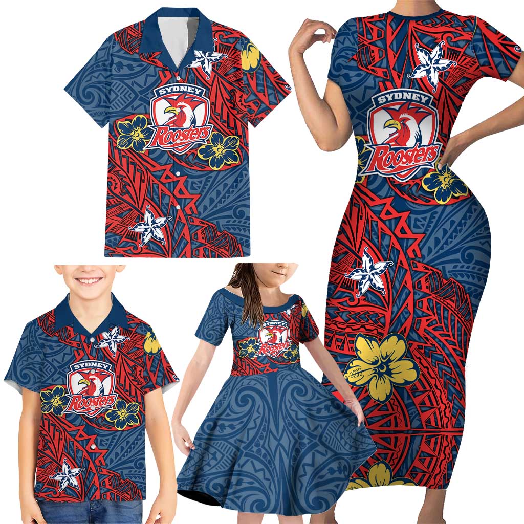 Personalised Sydney Roosters Family Matching Short Sleeve Bodycon Dress and Hawaiian Shirt Polynesian Tribal Pattern With Rugby Rooster Mascot Art