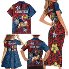Personalised Sydney Roosters Family Matching Short Sleeve Bodycon Dress and Hawaiian Shirt Polynesian Tribal Pattern With Rugby Rooster Mascot Art