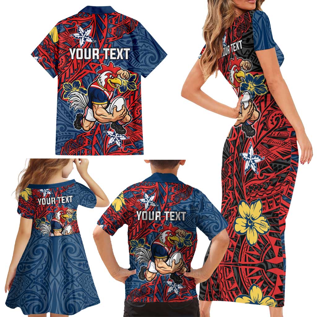 Personalised Sydney Roosters Family Matching Short Sleeve Bodycon Dress and Hawaiian Shirt Polynesian Tribal Pattern With Rugby Rooster Mascot Art