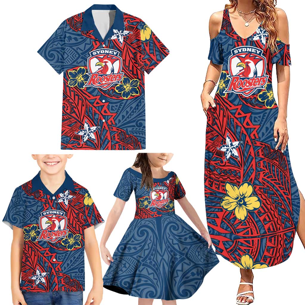 Personalised Sydney Roosters Family Matching Summer Maxi Dress and Hawaiian Shirt Polynesian Tribal Pattern With Rugby Rooster Mascot Art
