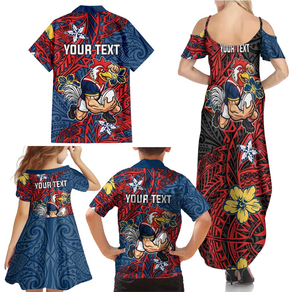 Personalised Sydney Roosters Family Matching Summer Maxi Dress and Hawaiian Shirt Polynesian Tribal Pattern With Rugby Rooster Mascot Art