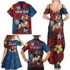 Personalised Sydney Roosters Family Matching Summer Maxi Dress and Hawaiian Shirt Polynesian Tribal Pattern With Rugby Rooster Mascot Art