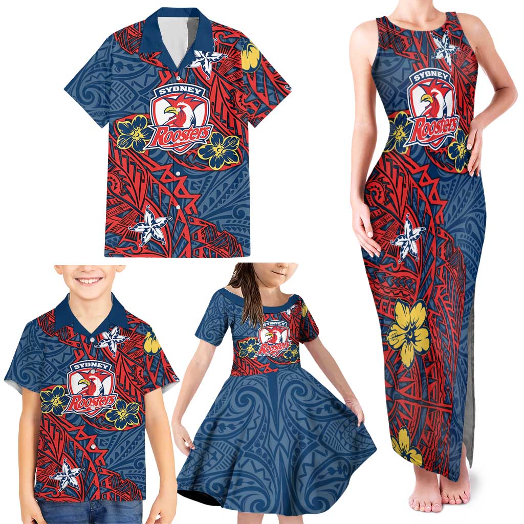 Personalised Sydney Roosters Family Matching Tank Maxi Dress and Hawaiian Shirt Polynesian Tribal Pattern With Rugby Rooster Mascot Art