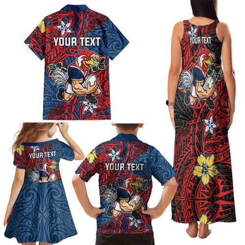 Personalised Sydney Roosters Family Matching Tank Maxi Dress and Hawaiian Shirt Polynesian Tribal Pattern With Rugby Rooster Mascot Art