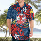 Personalised Sydney Roosters Hawaiian Shirt Polynesian Tribal Pattern With Rugby Rooster Mascot Art