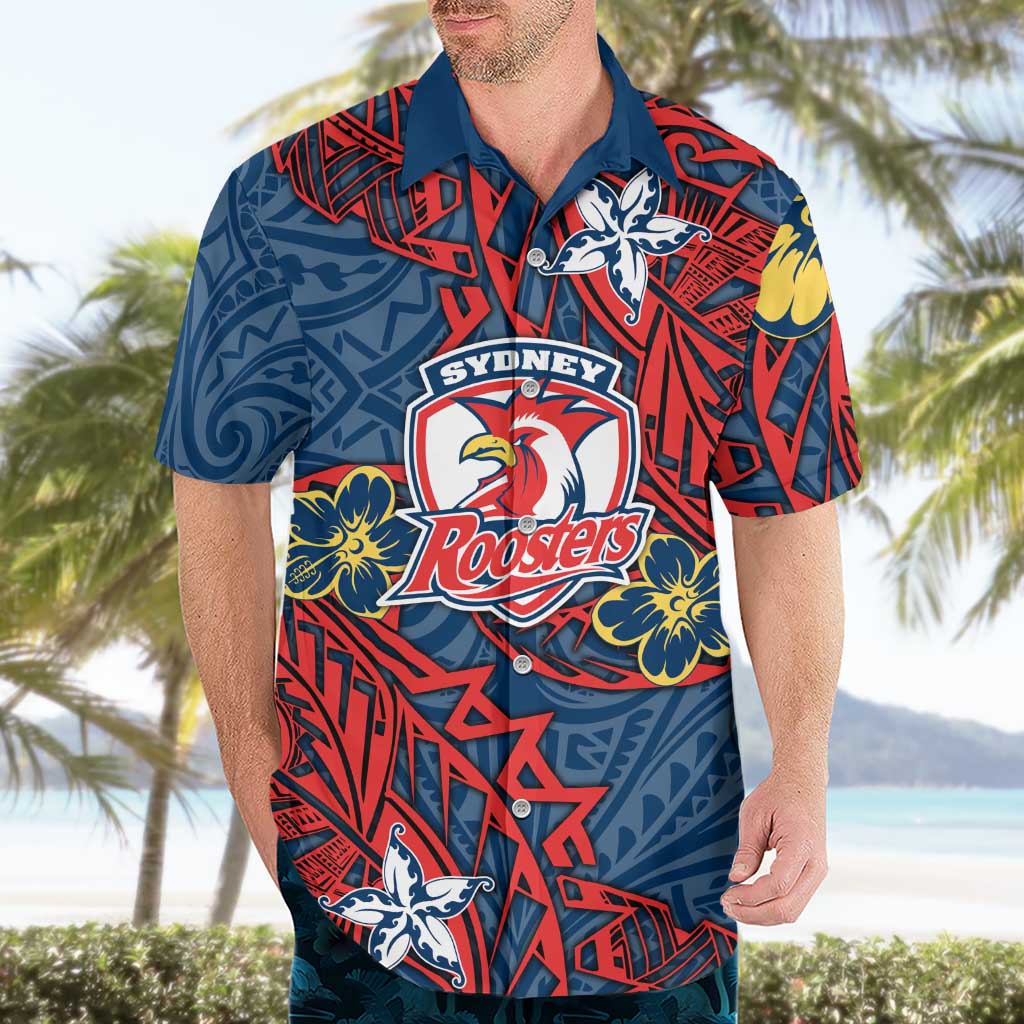 Personalised Sydney Roosters Hawaiian Shirt Polynesian Tribal Pattern With Rugby Rooster Mascot Art