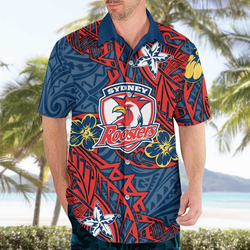 Personalised Sydney Roosters Hawaiian Shirt Polynesian Tribal Pattern With Rugby Rooster Mascot Art