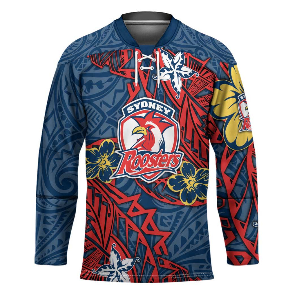 Personalised Sydney Roosters Hockey Jersey Polynesian Tribal Pattern With Rugby Rooster Mascot Art