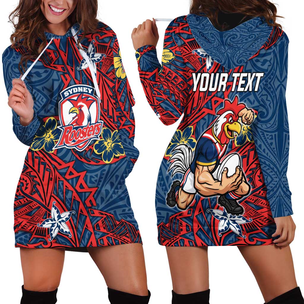 Personalised Sydney Roosters Hoodie Dress Polynesian Tribal Pattern With Rugby Rooster Mascot Art