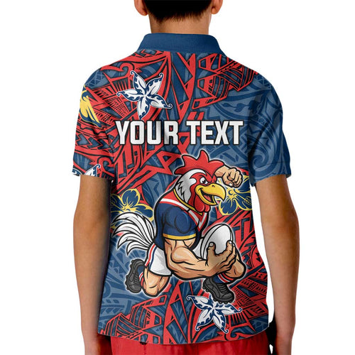 Personalised Sydney Roosters Kid Polo Shirt Polynesian Tribal Pattern With Rugby Rooster Mascot Art