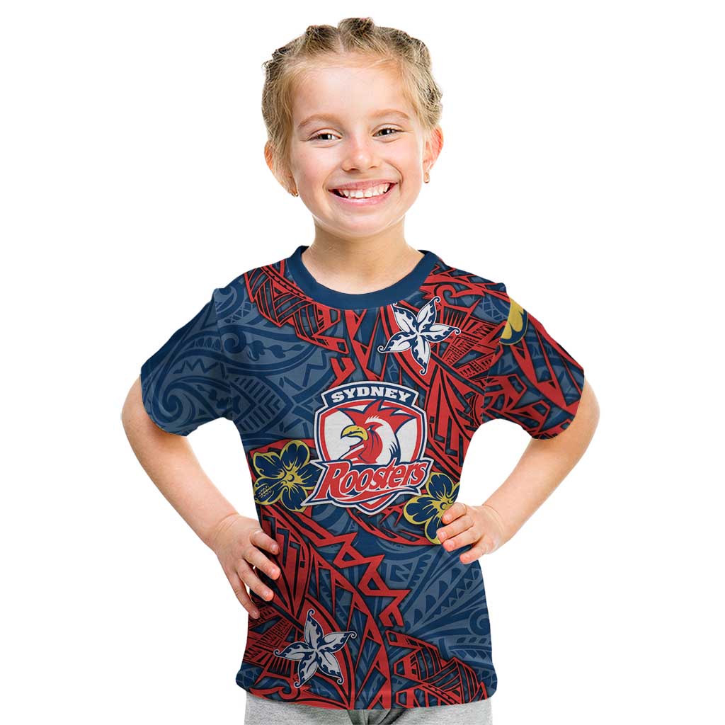 Personalised Sydney Roosters Kid T Shirt Polynesian Tribal Pattern With Rugby Rooster Mascot Art